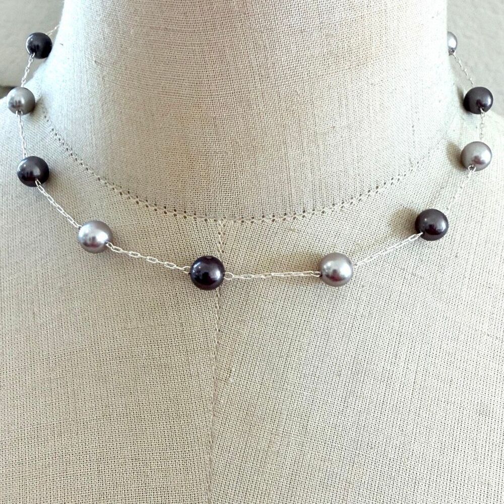 Roman RMN Two Tone Faux Pearl Station Necklace Silver Tone